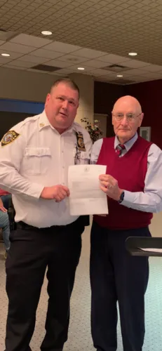 Senator Charles Clements recognizes New Martinsville Police Chief Tim Cecil on his appointment to the WV Medal of Valor Review Board.